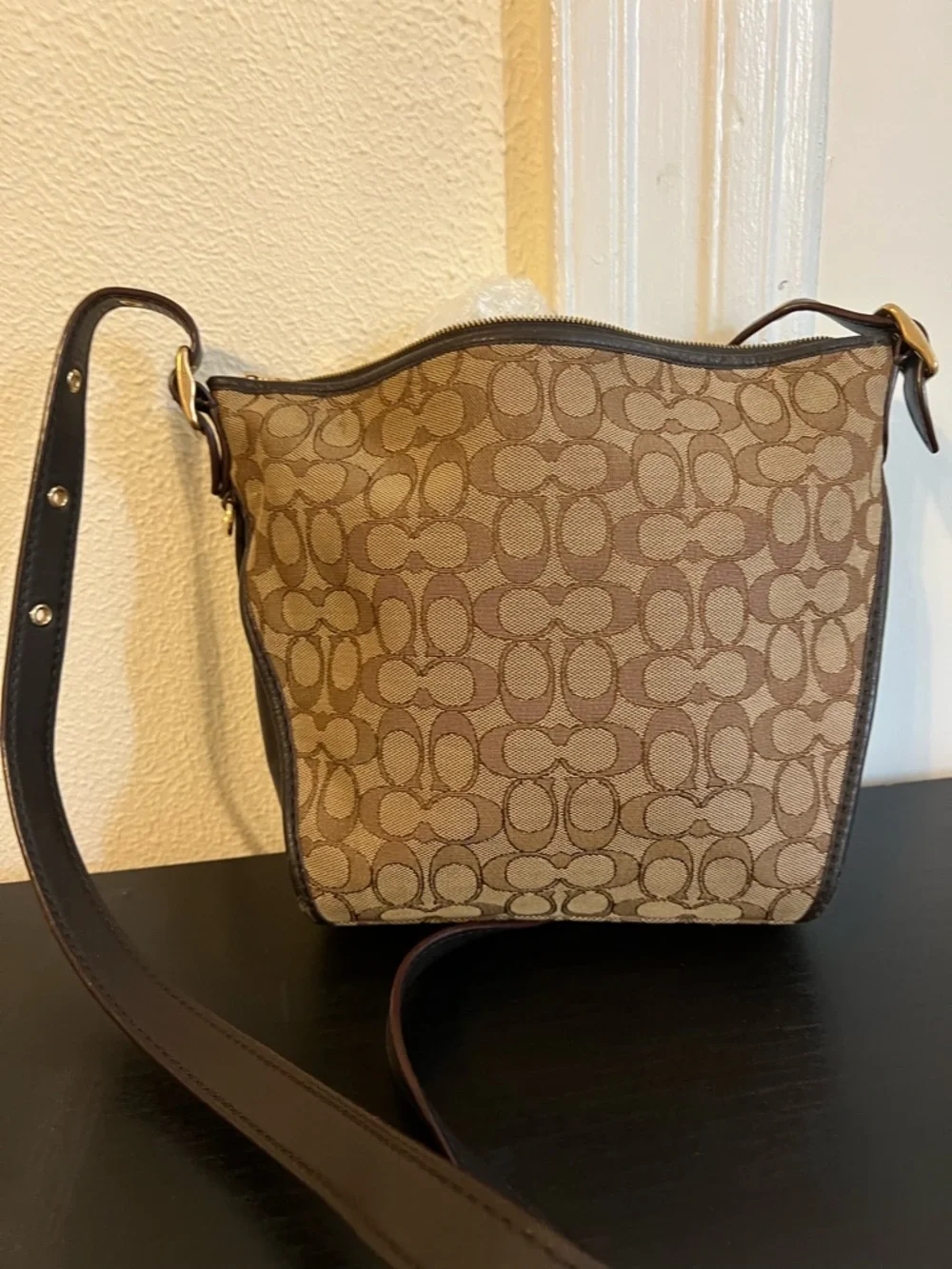 Authentic COACH Small Dufflette Signature Jacquard Crossbody Bag Brown Gold